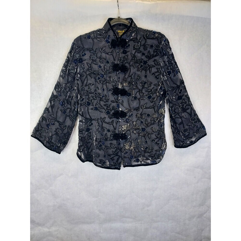 Anis A Velvet Burnout Blouse Women S Silk Floral Black Asian Inspired Frog Clasp - Picture 5 of 16